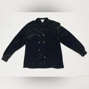 Vintage Christian Dior Chemises Black Satin Double Breasted Button Up Top Blouse